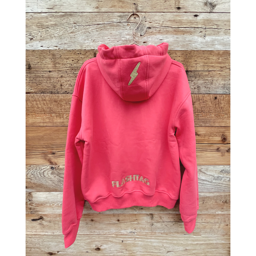 Womans super soft oversized georgia peach pink hoodie skiing winter gold embroidery flashtag.me back