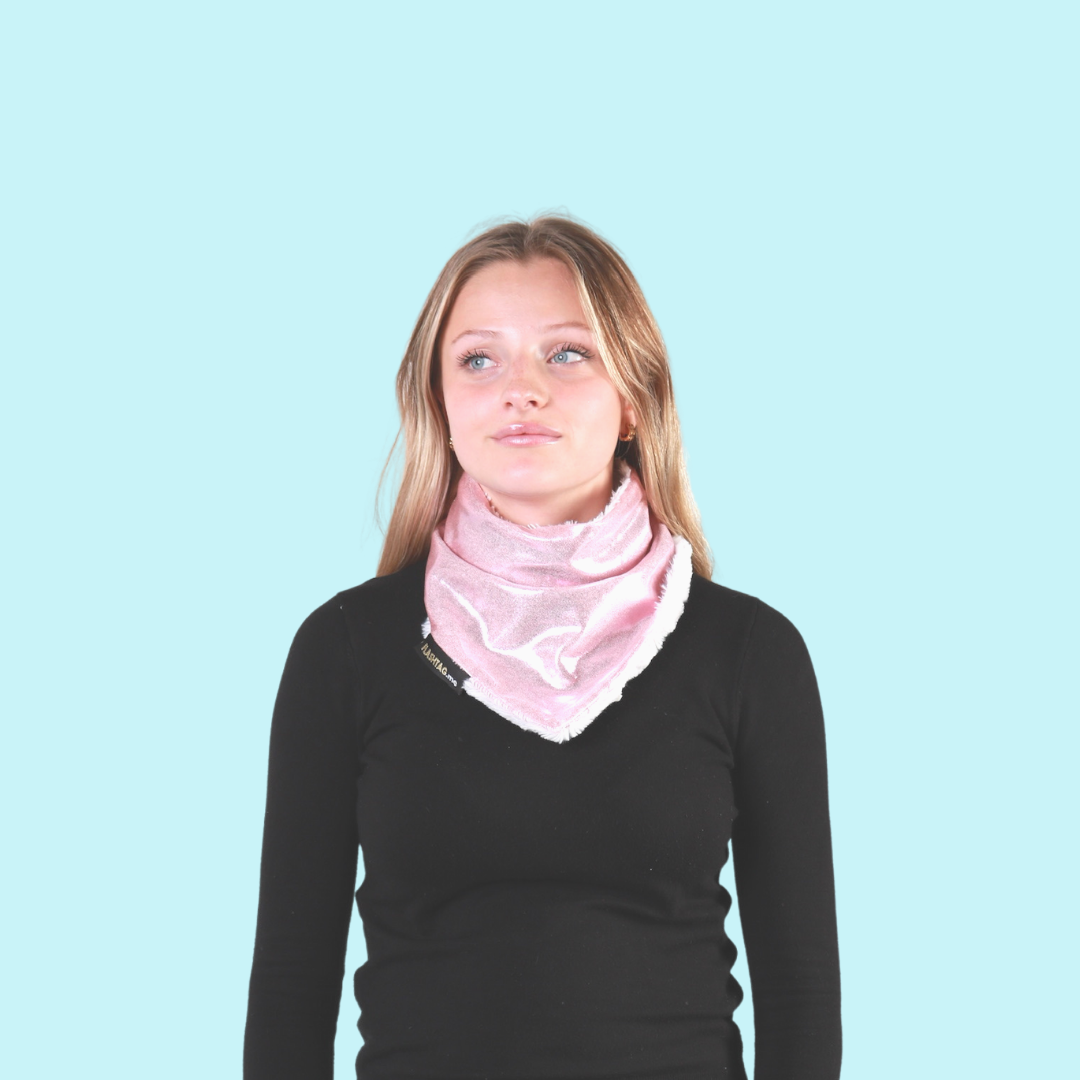 Adult super soft sparkly warm winter pink blush white ski neck warmer flashtag.me front person